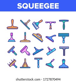 Sacudir Para Limpiar El Vector De Los Iconos De La Ventana. Equipo De Cepillado Para Vidrio Limpio, Herramienta De Servicio De Lavado En Pictogramas Lineales De Concepto Diferente. Ilustraciones de color