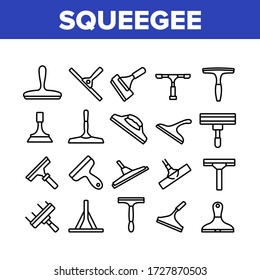 Squeegee For Cleaning Window Icons Set Vector. Brush Squeegee Equipment For Clean Glass, Wash Service Tool In Different Style Concept Linear Pictograms. Monochrome Contour Illustrations