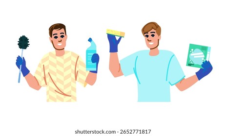 squeegee man cleaning tools vector. sponge brush, bucket detergent, polish cleaner squeegee man cleaning tools character. people flat cartoon illustration