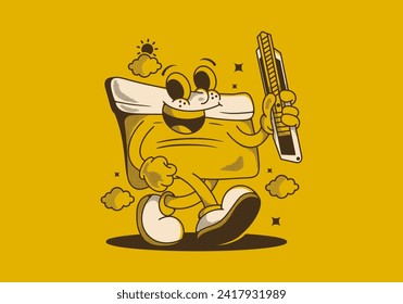 Squeegee mascot character holding a blade, in vintage style