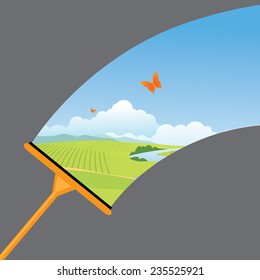 Squeegee revealing springtime or summertime fresh scene  EPS 10 vector stock illustration