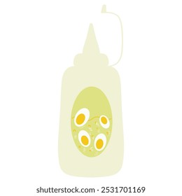 Exprima la mayonesa de la botella con los huevos que dibujan en una botella, Ilustración vectorial en el fondo blanco 