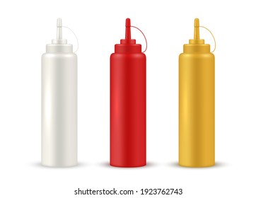 Squeeze Bottles For Sauce, Ketchup Realistic Mockups Set In White, Red, Yellow Colors. Plastic Containers Templates. Packaging For Liquid Food.  Vector Sauce Bottle Isolated Collection Illustration.