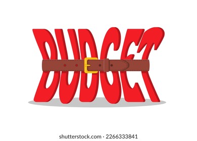 Squeeze the budget. Letters are tightened with a leather belt as a symbol of a decrease in income. Financial recession. Money shortage. Vector illustration flat design. Isolated on white background.