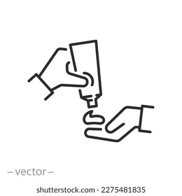 icono de la crema de compresión sobre la mano, tubo de loción, concepto de cuidado de la piel, gel de ducha, símbolo de línea delgada sobre fondo blanco - ilustración del vector de trazo editable eps10