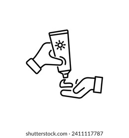 squeeze cream on hand icon, lotion tube, skincare concept, shower gel, thin line symbol on white background - editable stroke vector