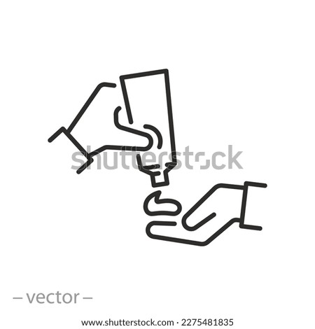 squeeze cream on hand icon, lotion tube, skincare concept, shower gel, thin line symbol on white background - editable stroke vector illustration eps10