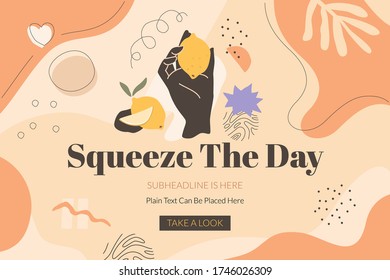 Squeeze The Day banner template with black female hand, lemon and abstract shapes. Modern design in terracotta shades for blog, invitations, web design. Vector art.