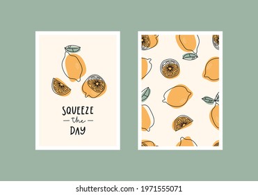 Squeeze the day. Inspirational card or home decor with hand drawn lemons. Vector illustration