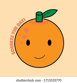 Squeeze the day. Motivational quote - typography with cute lemon cartoon illustration for greeting card design.