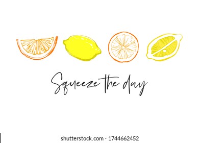 Squeeze the day quote, orange cut, circle, lemon half. Fruit colorful line elements. Cute vector pattern. Cartoon vintage tropical print on white background