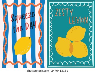 Squeeze the day Text and Zesty Lemon Risograph style illustration. Motivational art with hand drawn doodle wavy frame perfect for t-shirt design, poster, postcard print. 