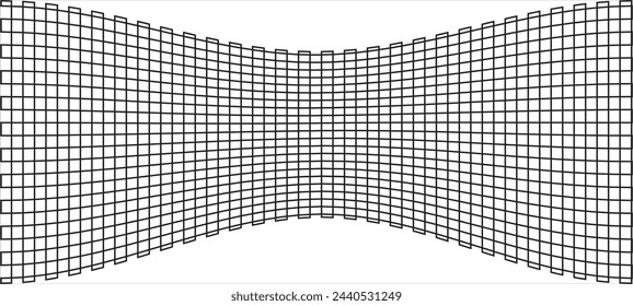 Quetschung, abgeflachtes, oblattes geometrisches Element. Verdichtetes Gitter, Mesh. Abstraktes grafisches Element mit hohlen, flexiblen, gequetschten Linien-Arrays. Konkave Form. Zelluläres, retikuliertes Element.