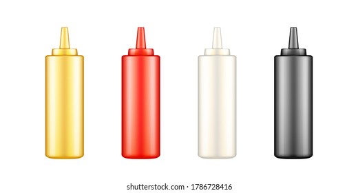 Squeeze ketchup, mayonnaise, mustard and soy sauce bottles with cap mockup. Set of blank plastic food package for restaurant or fast food. Product container template. Isolated 3d vector illustration