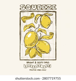 Squeeze Lemonade Bright And Zesty Days Vintage Summer T-Shirt Design With Hand Drawn Lemon Graphic