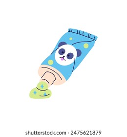 Squeeze mint toothpaste. Kids' whitening tooth paste in cute tube. Childish product for brushing mouth, care about oral health. Dental hygiene. Flat isolated vector illustration on white background