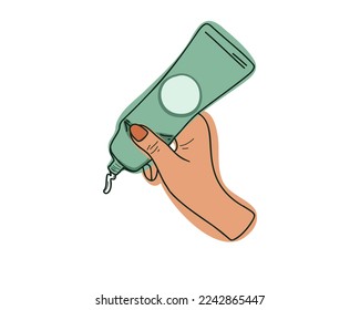  Squeeze out the hand cream from the tube. Hand care. Doodle vector illustration, hand drawn