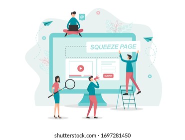 Squeeze page concept. Small people building a squeeze page. Process of writing a headline for squeeze page. Vector illustration in flat style design on white background. Flat vector illustration.