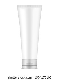 Squeeze tube packaging, vector mockup. White blank flexible plastic container with screw flip top cap, template