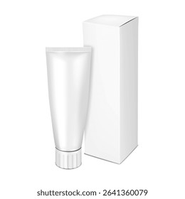 Squeeze tube with screw cap and blank white carton packaging. 3d vector mockup. Plastic collapsible tube with paperboard box. Realistic mock-up. Health or beauty product pack set. Template for design