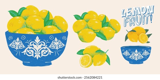 Squeezed art. Summer food poster design. Lemon fruit set. Fresh lemon fruit print. ceramic bowl.  Nature fruit club print design. Organic food artwork for for t-shirt. Fruit vintage t-shirt design.