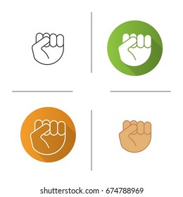 Squeezed fist icon. Flat design, linear and color styles. Clenched hand gesture. Isolated vector illustrations
