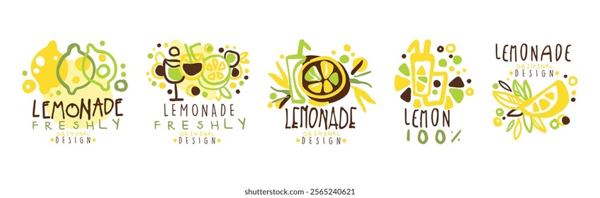 Squeezed Fresh Lemonade Yellow Badge Original Design Vector Set