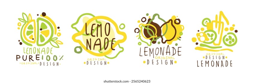 Squeezed Fresh Lemonade Yellow Badge Original Design Vector Set