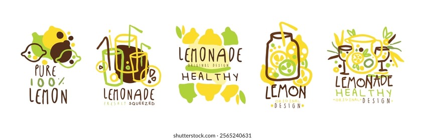 Squeezed Fresh Lemonade Yellow Badge Original Design Vector Set