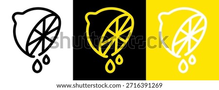 Squeezed lemon juice icon in outline style. Minimal line vector illustration with hand drawn look. Citrus juice symbol isolated on white, black and yellow backgrounds.