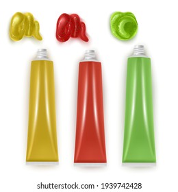 Squeezed out sauces on white background, Wasabi Hot Mustard Vector realistic illustration