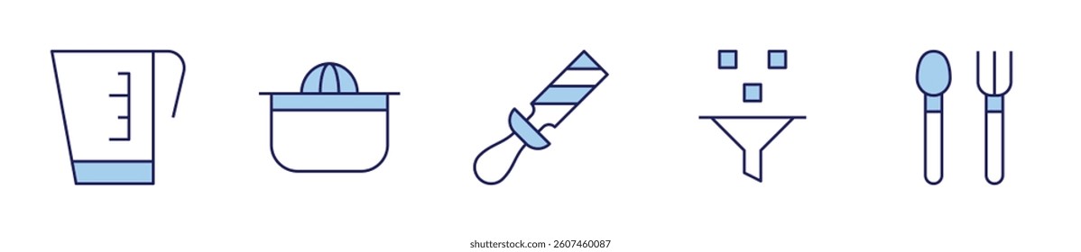 squeezer, rasp, measure cup, cutlery, filter. Utensil Icon vector illustration. Line Duotone style. Editable stroke.