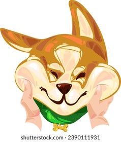 squeezing the chubby cheeks of a Pembroke Welsh corgi puppy
