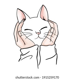 Squeezing cute white cat face by both hands