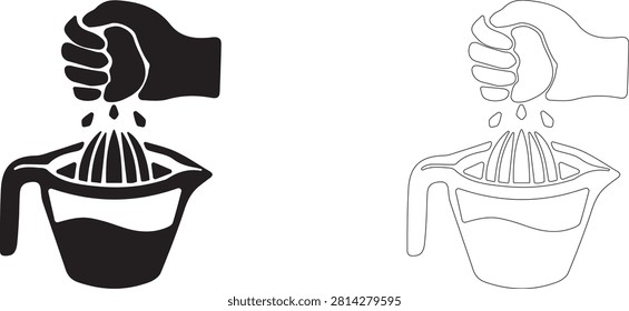 Squeezing juice with manual squeezer vector icon filled and outline, pressing fresh citrus lemon symbol.
