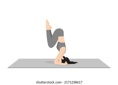 Squeezing Pose. Beautiful girl practice Akunchanasana. Young attractive woman practicing yoga exercise. working out, black wearing sportswear, grey pants and top, indoor full length, calmness relax