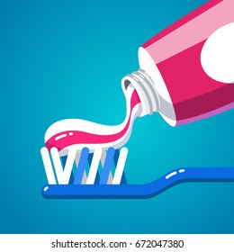 Squeezing tooth paste from a tube on a toothbrush tip bristles. Brushing teeth. Hygiene and health care concept. Flat style vector illustration.