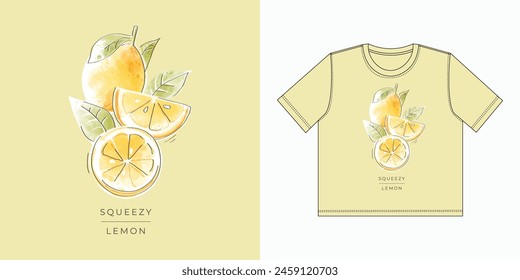 Squeezy Lemon T Shirt Printed Design, Fresh lemon collection t shirt design, Lemon slice vector illustration, Lemons printed illustration, Vector illustration of Orange fruit isolated object