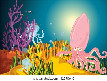 A squid accompanied by jellyfish and fish