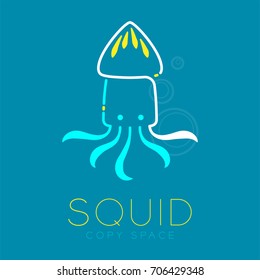 Squid and Air bubble logo icon outline stroke set dash line design illustration blue white and yellow color isolated on blue background with Squid text and copy space, vector eps10