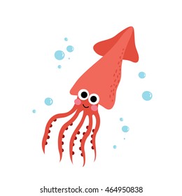 Squid Animal Cartoon Character Isolated On White Background.