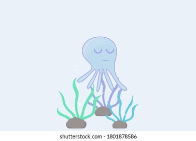 Squid and background seaweed hand draw