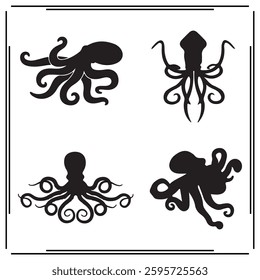  Squid black silhouette, wildlife animal illustration on white background