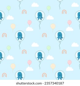 Kalmare blaue Cartoon so süß in Ballon. Auf Ballonbaum Farbe Regenbogen Wolke hellblauer Hintergrund. Muster nahtlose Vektorgrafik. 
