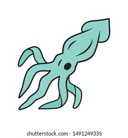 Squid blue color icon. Swimming marine animal with tentacles. Seafood restaurant. Underwater creature. Floating sea fish. Aquatic invertebrate mollusk. Isolated vector illustration