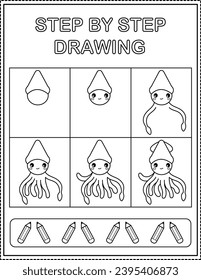 Squid. Book page, drawing step by step. Black and white vector coloring page.