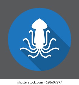 Squid, calamari flat icon. Round colorful button, circular vector sign with long shadow effect. Flat style design