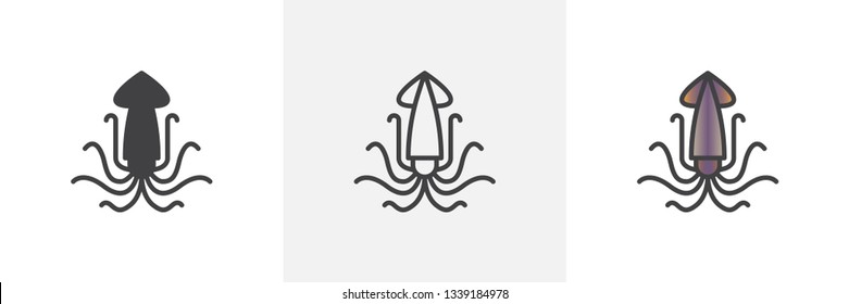 Squid, calamari icon. Line, glyph and filled outline colorful version, Sea squid mollusk outline and filled vector sign. Symbol, logo illustration. Different style icons set. Vector graphics