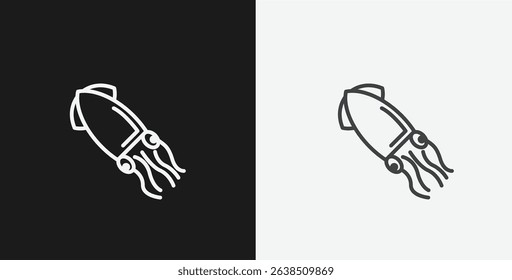 Squid or Calamari on Black and White Backgrounds, Representing Seafood or Marine Life, White Outline Icon