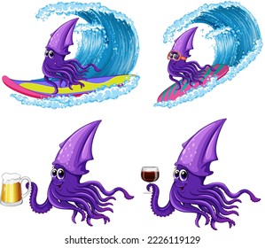 Squid cartoon characters set illustration